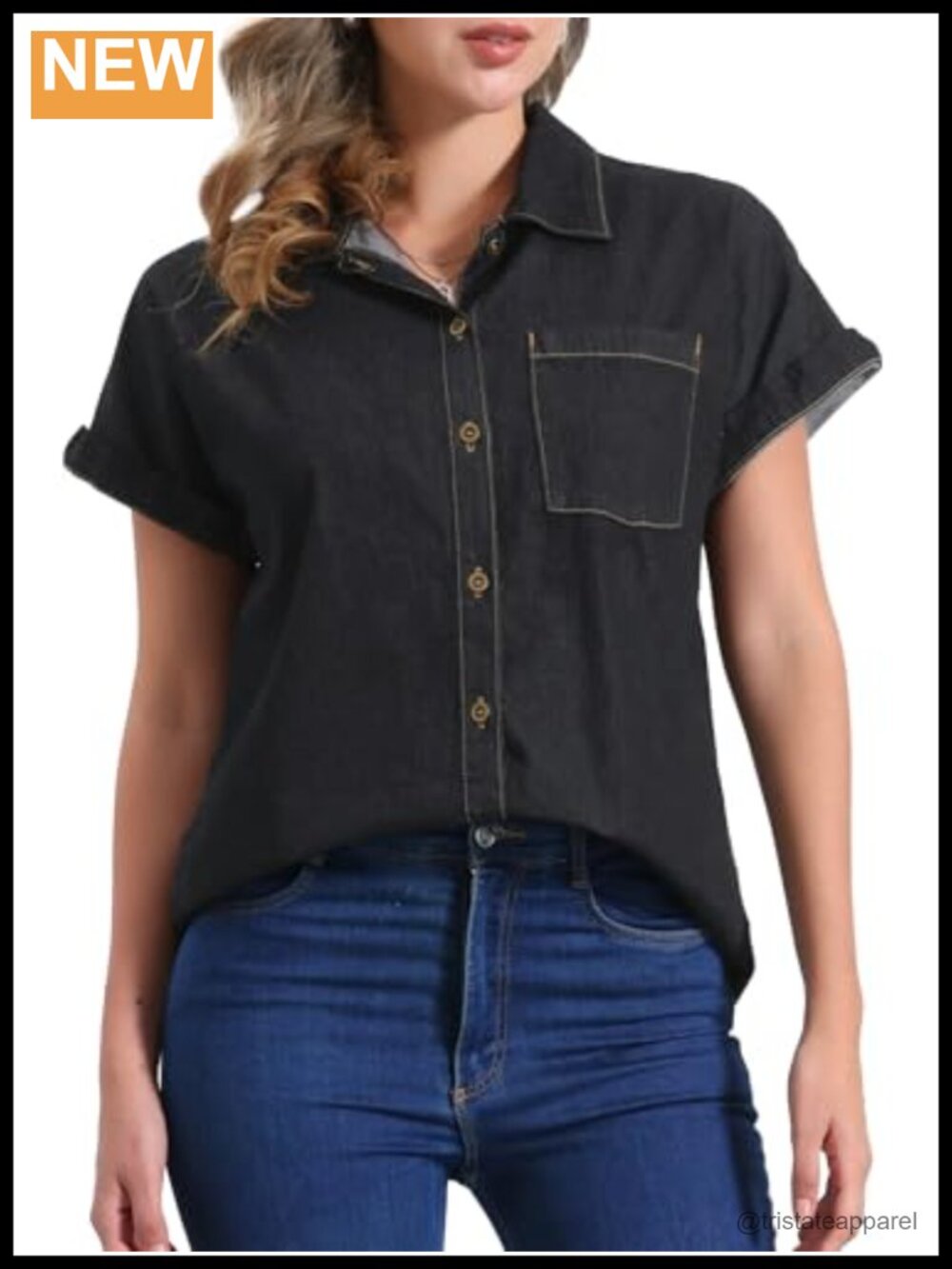 Denim Short Sleeve Button Down Classic Jean Shirt Summer Top